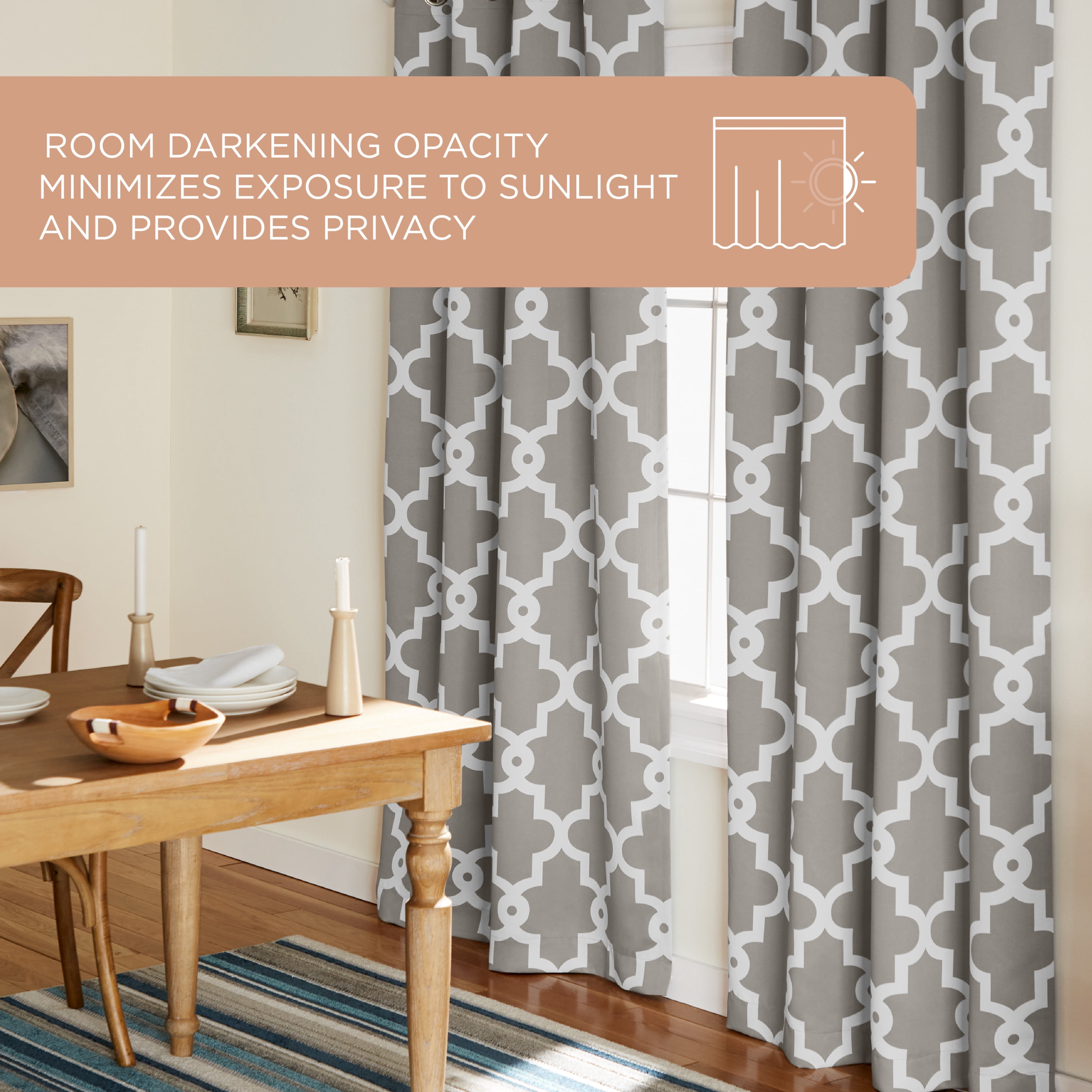 TOWN & COUNTRY EVERYDAY Ironwork Geo Trellis Sateen Indoor Curtains, Room Darkening Blackout, Grommet Top, Energy Efficient, 2-Pack Set, 52"x96", Silver
