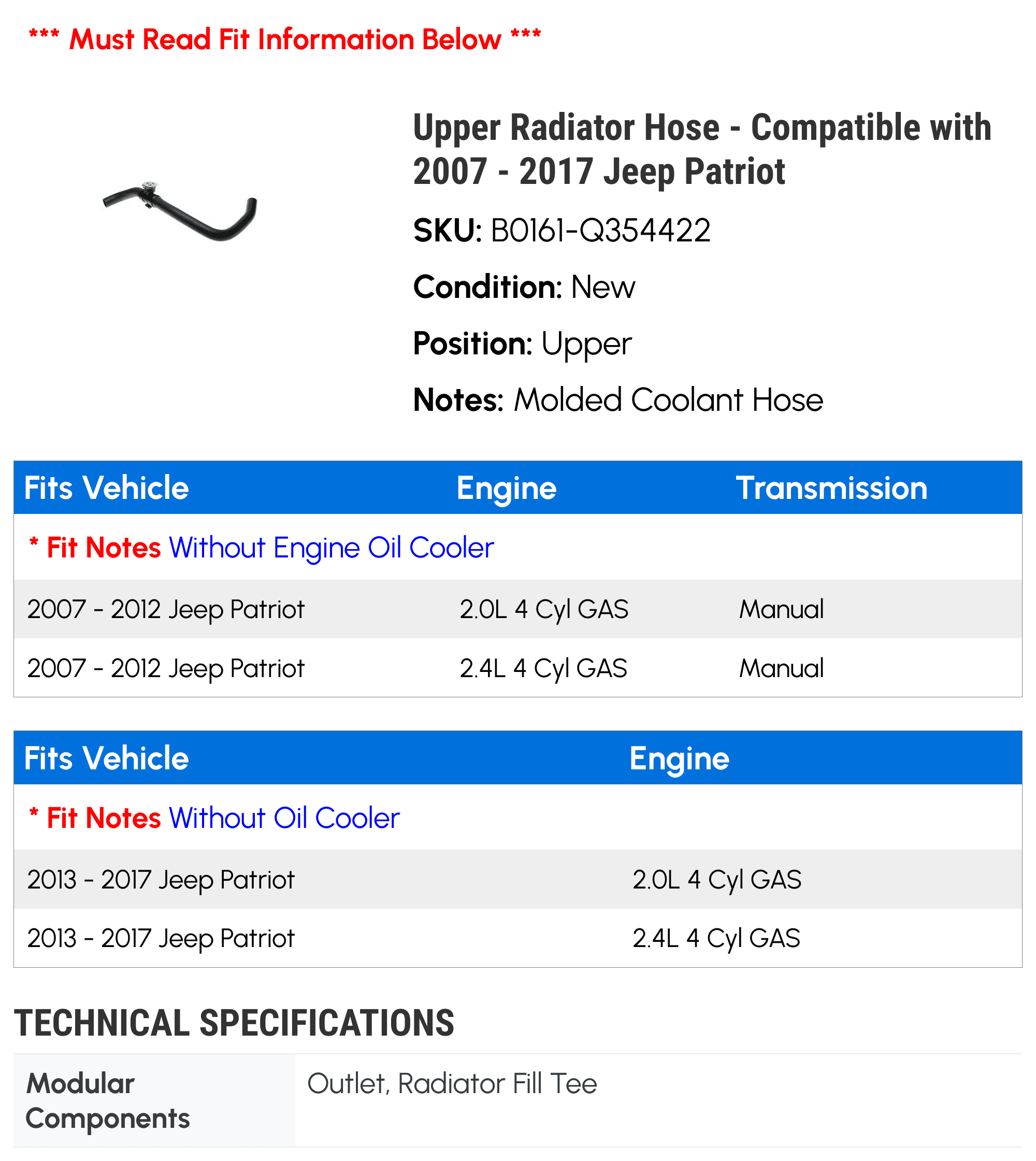 Upper Radiator Hose - Compatible with 2007 - 2017 Jeep Patriot 2008 2009 2010 2011 2012 2013 2014 2015 2016