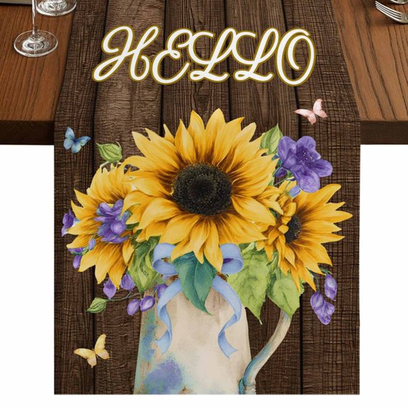 Table Runners 90 Inches Long Dress Scarves, Sunflower Farmhouse Coffee/Dining/Kitchen Table Runner for Living Room, Yellow Flowers Summer Botanical Wooden Retro Art 13x90 Inch