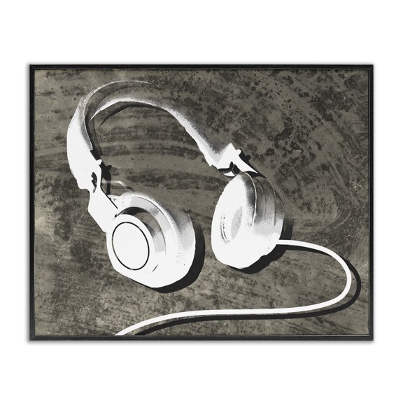 Stupell Industries Eclectic Music Headset Over Brown Rustic Wood Grain Pattern Black Framed Giclee Art, 14 x 11, by Lil' Rue