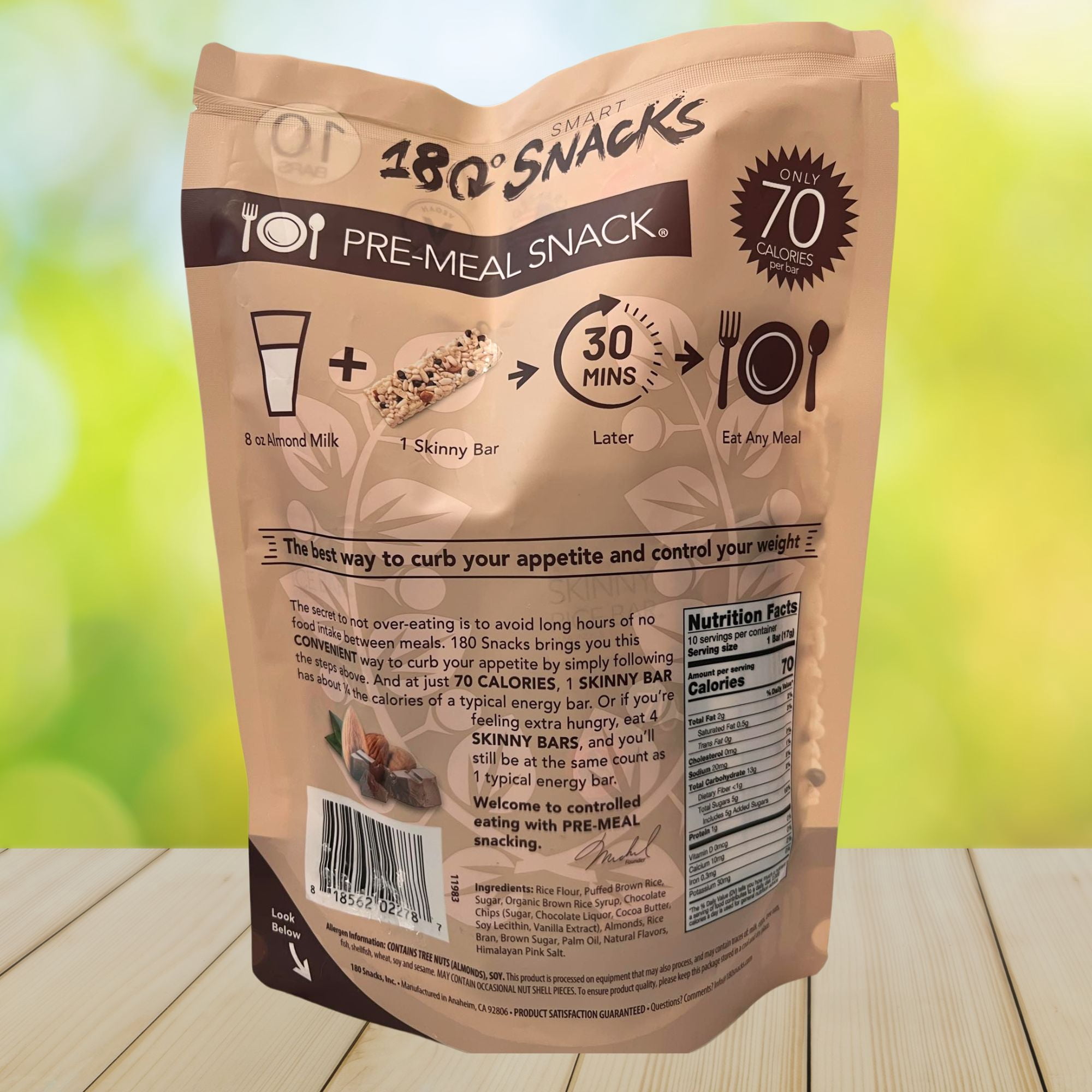 180 Snacks Skinny Rice Bars with Almonds & Chocolate Chips 6 Oz 1 Pack, Low Calorie Vegan Gluten-Free Healthy Snacks Bars