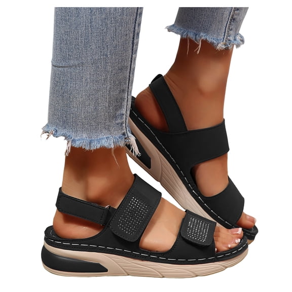 Rokment Womens Sparkly Rhinestones Ortho Walking Sandals with Arch Support Comfortable Fashion Casual Leather Memory Foam Platform Wedge Slingback Dressy Non Slip Work Summer Shoes Black Size 6