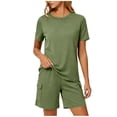 thumbnail image 5 of Women's 2 Piece Home Wear Crew Neck Short Sleeve Tops Elastic Waist Pockets Shorts Summer Comfy Lounge Sets (XL, Army Green), 5 of 6