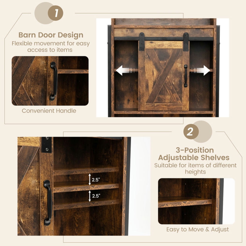 Finihen Toilet Storage Cabinet, Bathroom Cabinet Organizer, 4-Tier Multifunctional Toilet Sorage Cabinet with Adjustable Shelf and Sliding Barn Door, for Bathroom, Rustic Brown
