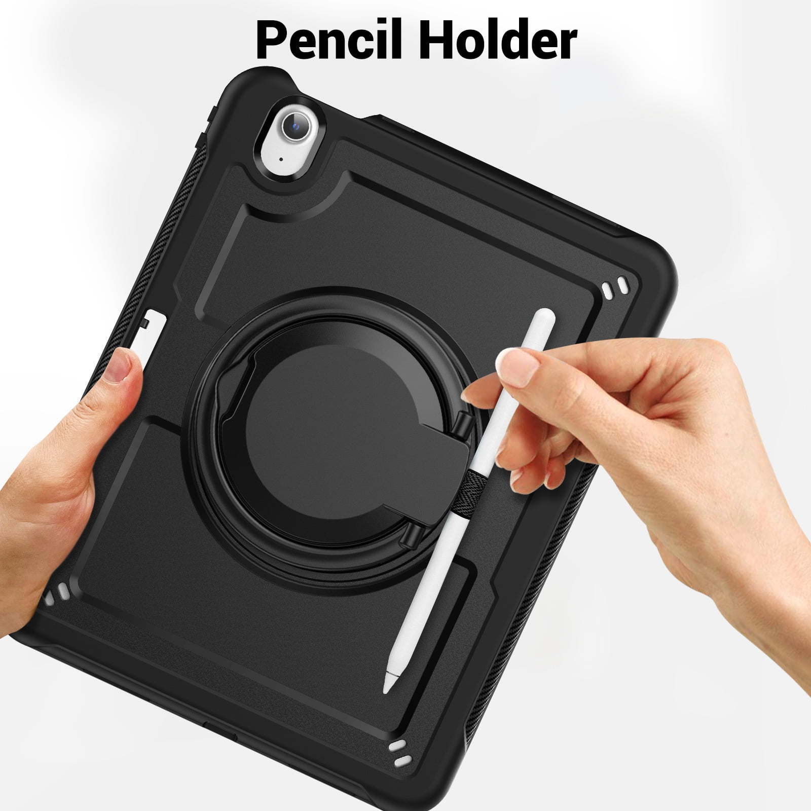 Shockproof Case for Apple iPad Air 11 Inch M3 M2 2025/2024, Rugged Hybrid Protective Cover with Pencil Holder & Shoulder Strap Kids Friendly Rotating Kickstand Case for iPad Air 11 Inch, Black