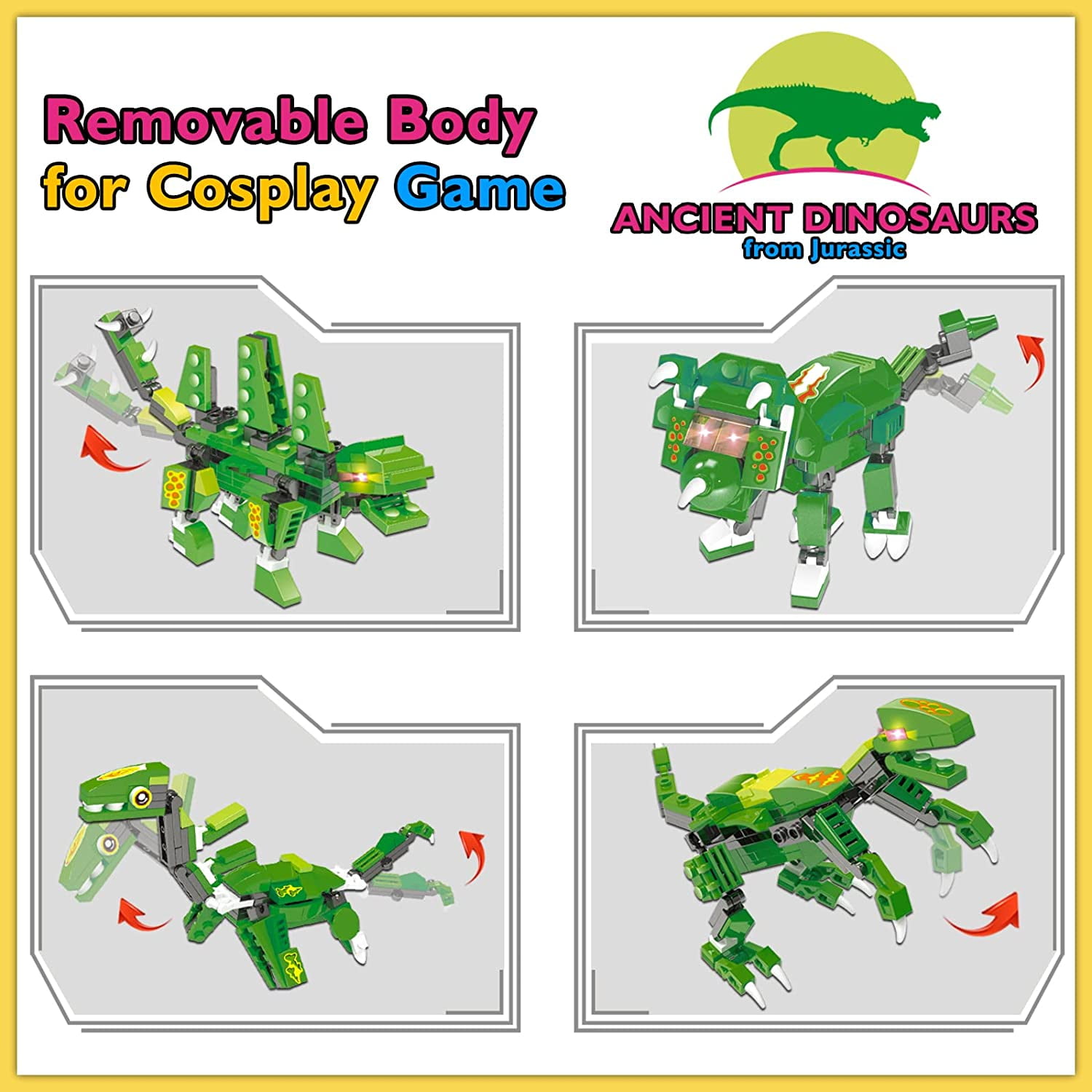 876 Pcs Dinosaurs Building Toys Set, 8 in 1 Building Blocks Kit with Storage Bucket, ENP 3 Headed Dinosaur Toys for Boys Girls, Gifts for Kids 6-12, Green
