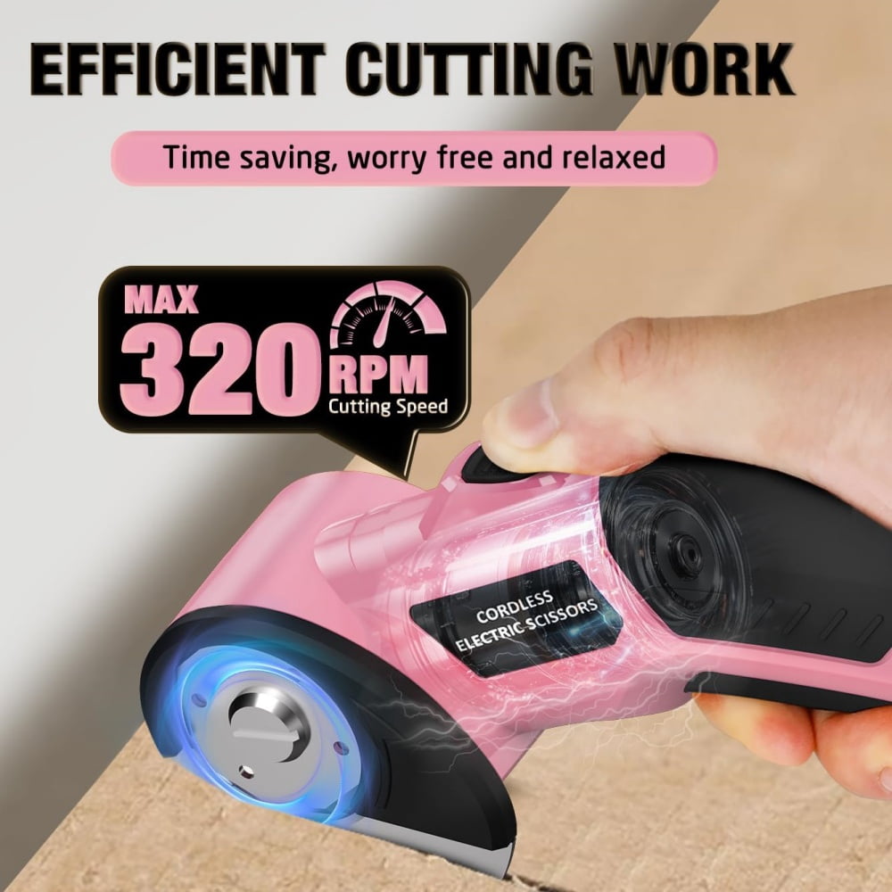 XMZHOU Cordless Electric Scissors Cardboard Box Cutter with LED Light ＆ Safety Lock Power Rotary Cutter for Fabric Carpet Leather, Pink
