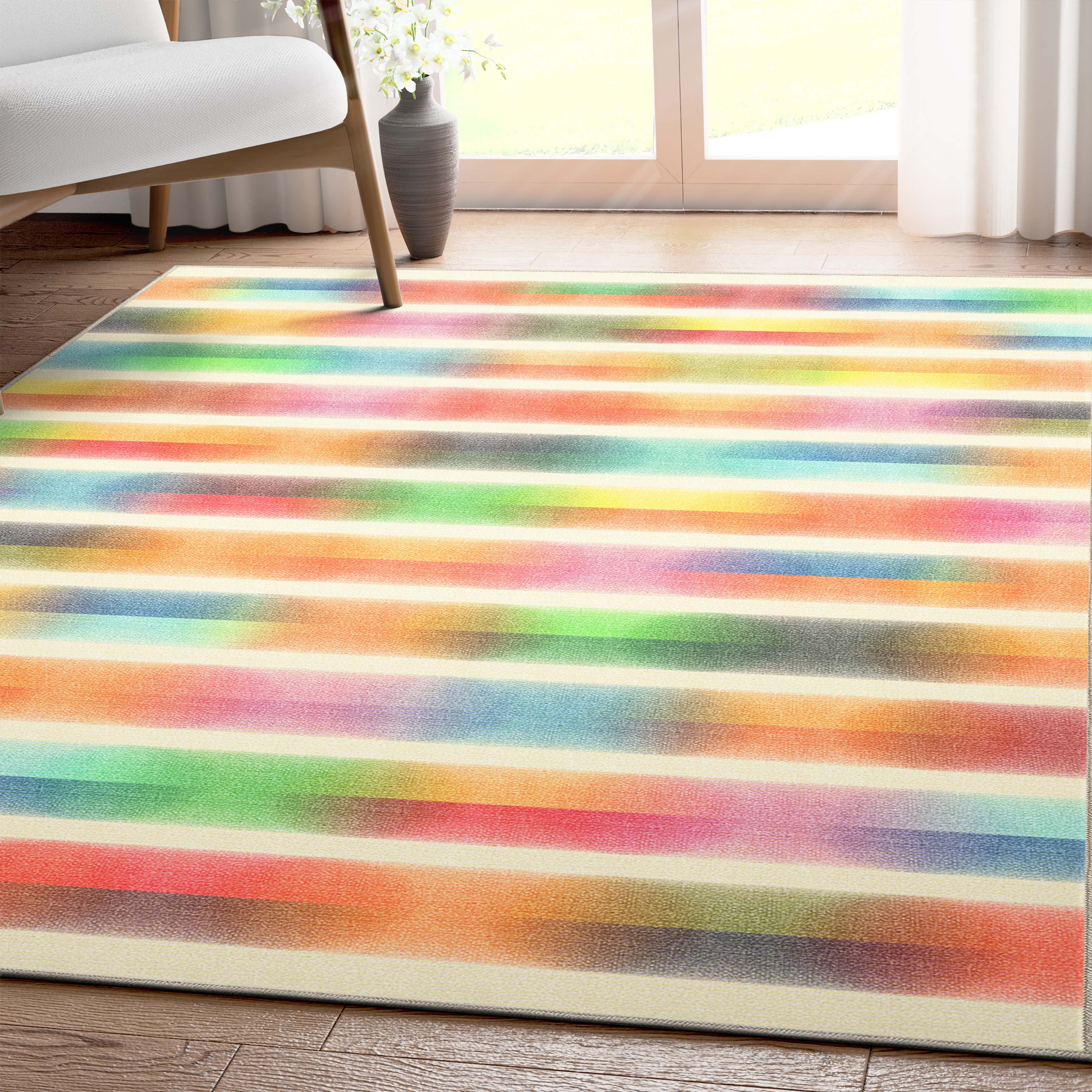 Well Woven Apollo Misty Stripes Modern Geometric Kids Multi Color Flat Pile Easy to Clean 7'10" x 9'10" Area Rug for Living Room Dining Room Bedroom and Kitchen