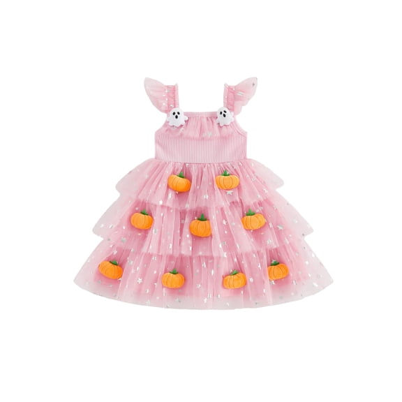 BemeyourBBs Toddler Baby Girl Halloween Dress Outfit Flying Sleeve 3D Pumpkin Ghost Decor Shinny Star Tutu Tulle Dress Little Girls Summer Fall Cake Smash Party Dress