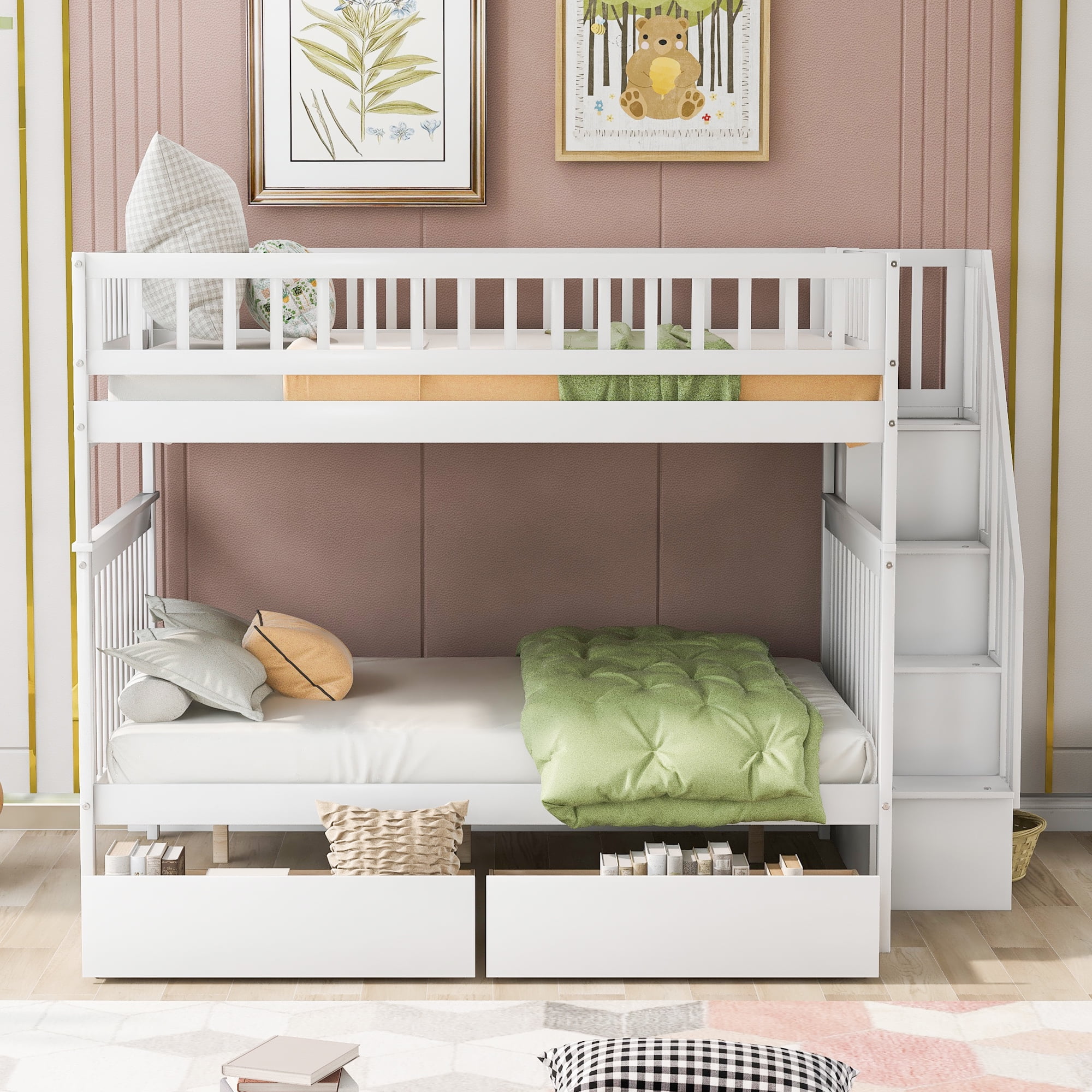 Euroco Full over Full Bunk Bed with Storage Shelves and 2 Under Storage Drawers for Kids Teens Room, White
