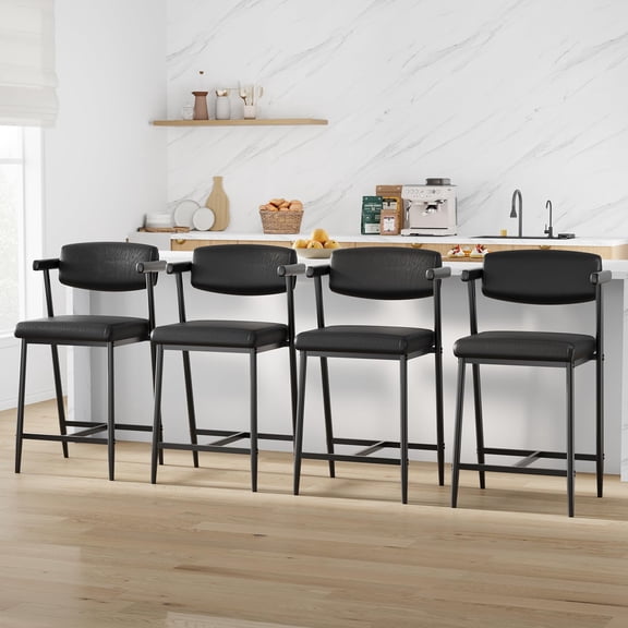 Kicctian Modern Wide Seat Bar Stools Set of 4 – 26" Counter Height with Arms & Back, Upholstered Metal Footrest, Industrial Black for Kitchen Island, Bar,Black