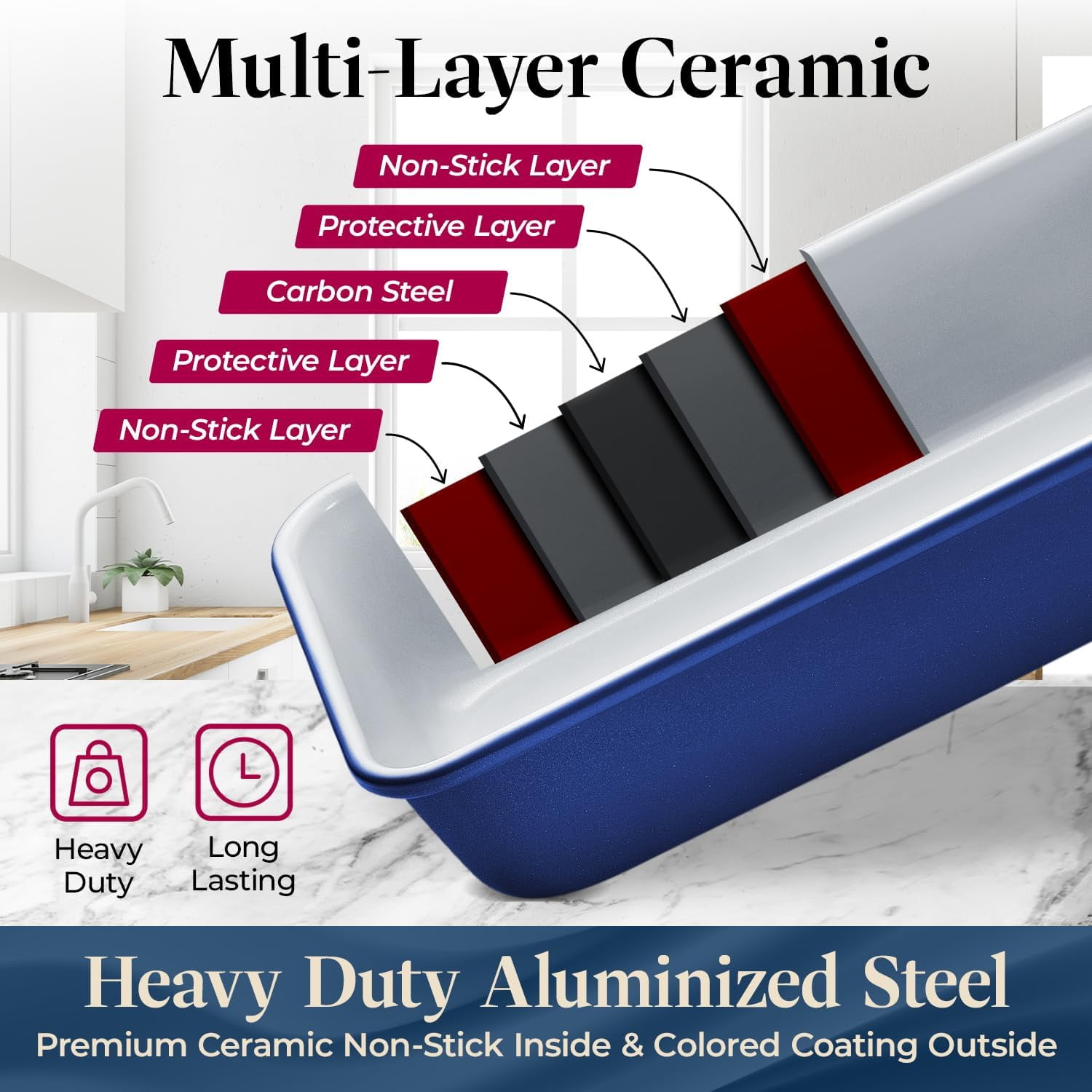 Square Cake Pan - Aluminized Steel, Ceramic Non-Stick Coating, Non-Toxic, Ideal Size, Heavy-Duty, Elevate Your Baking with Durability and Style!