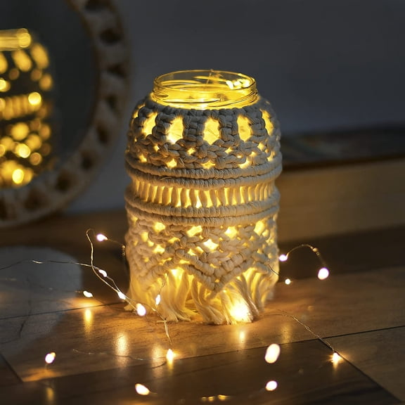 FineArt Macrame Woven Cover with Glass Jar Handmade Pure Cotton Cord Bohemian Table Decor Bedroom Livingroom LED String Light Included