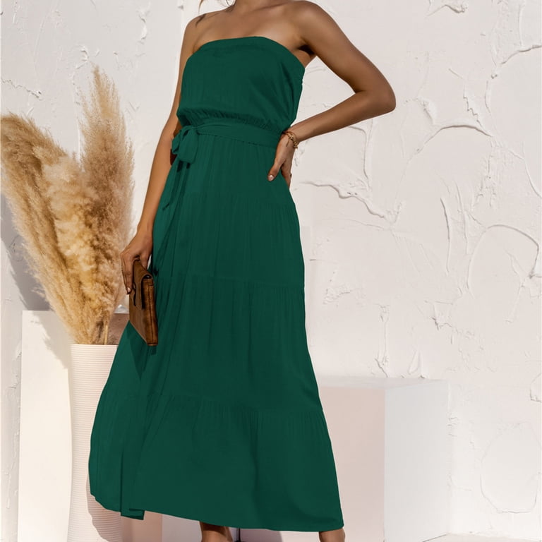 Off Shoulder Strapless Sleeveless Dress Solid Color Summer Party Coverup  Flowy Maxi Dress Green Size L - Walmart.com