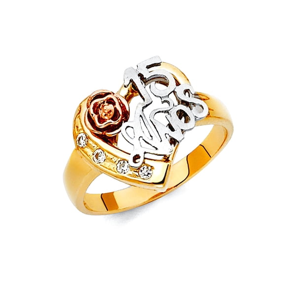 14k Yellow Gold White Gold and Rose Gold Quinceanera Sweet 15 Years Ring Size 7 Ring for Women