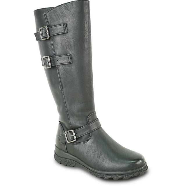 kozi Canada Women Waterproof Knee High Wide Calf Winter Casual Riding Boot ELEA-7 Fur Boot Side Zipper Removable Insole Black - Order Half Size Up