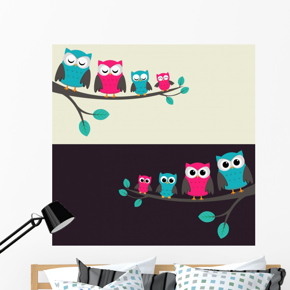 Family Owls Sitting Branch Wall Decal by Wallmonkeys Peel and Stick ...