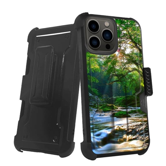 ANJ  Rugged Shockproof Holster Case w/Card Slot, Kickstand   Tempered Glass for iPhone 13 Pro (6.1") - Forest Stream