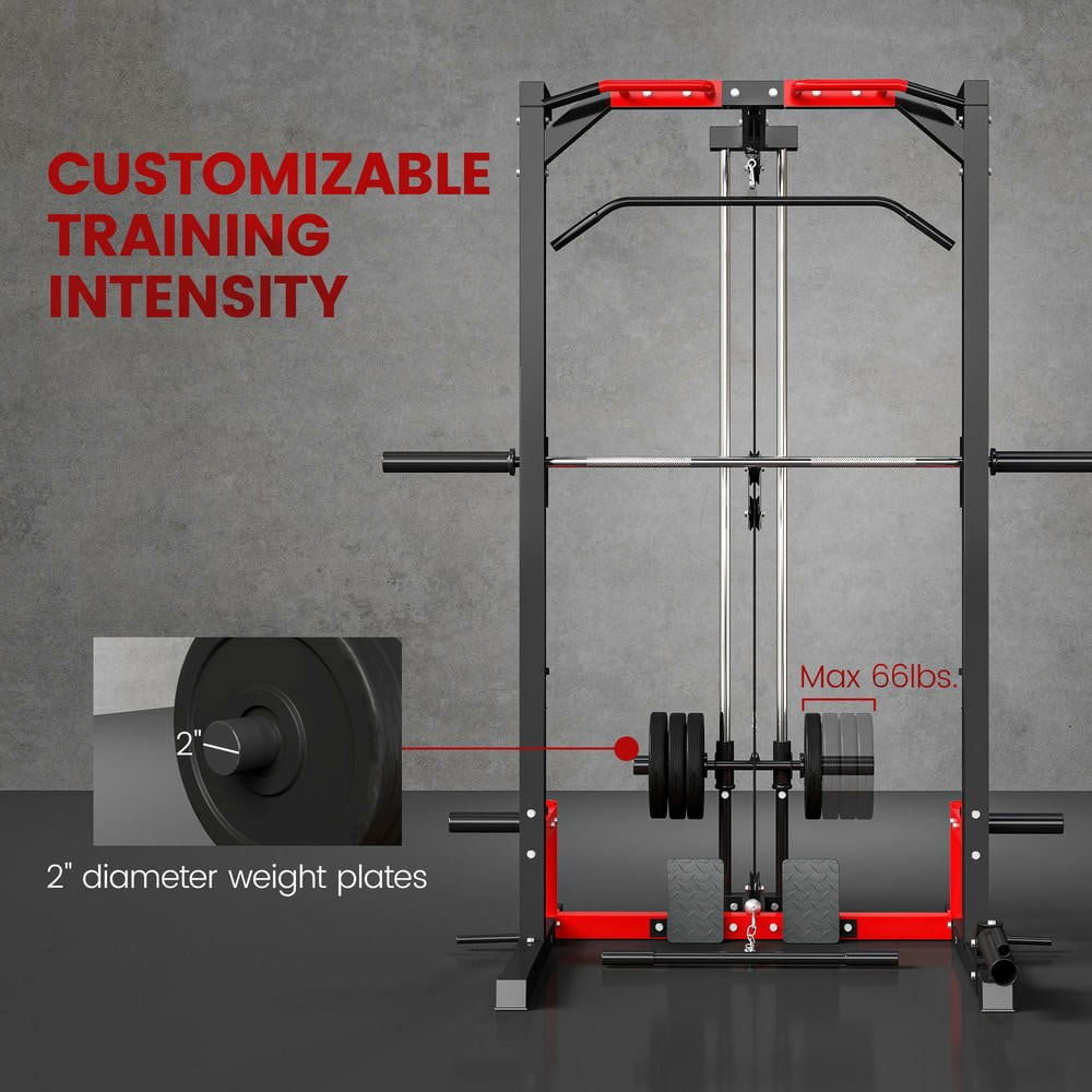 Resenkos Smith Machine Cage with Lat Pulldown and Landmine Attachment - Black/Red