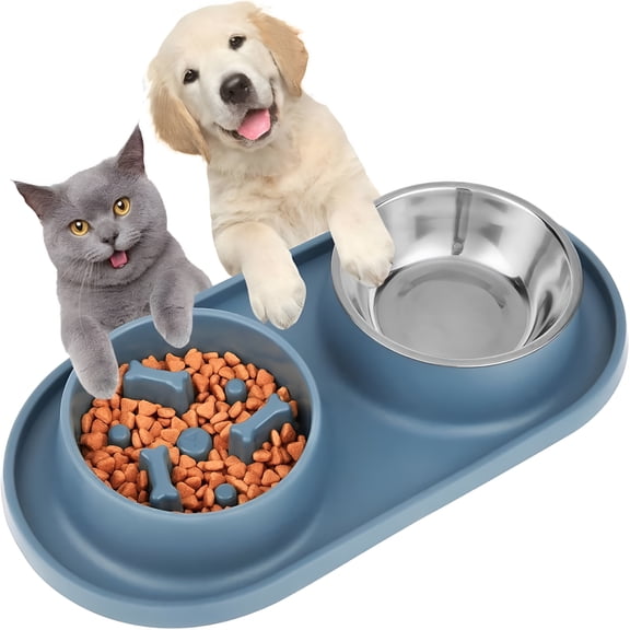 ACDANC 3-In-1 Slow Feeder Dog Bowl-Anti-Gulping Bone Design Non-Slip&Quickly to Clean Bpa-Free Pet Food Dish for Fast Eaters Blue/Orange (Great for Small/Medium/Large Dogs)