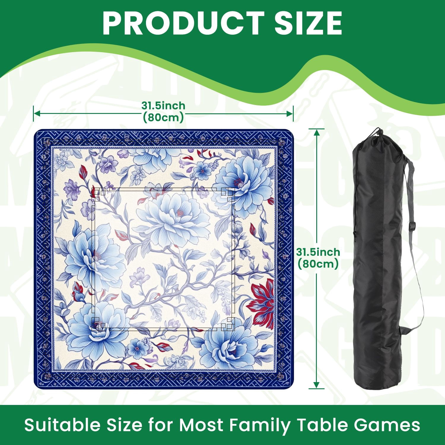 Mahjong Mat 31.5" x 31.5" Elegant Blue Floral Decorative Border Cream Non-Slip Noise Reduction American Mahjong Tiles Table Cover for Dominoes Poker Card Board Games Gift