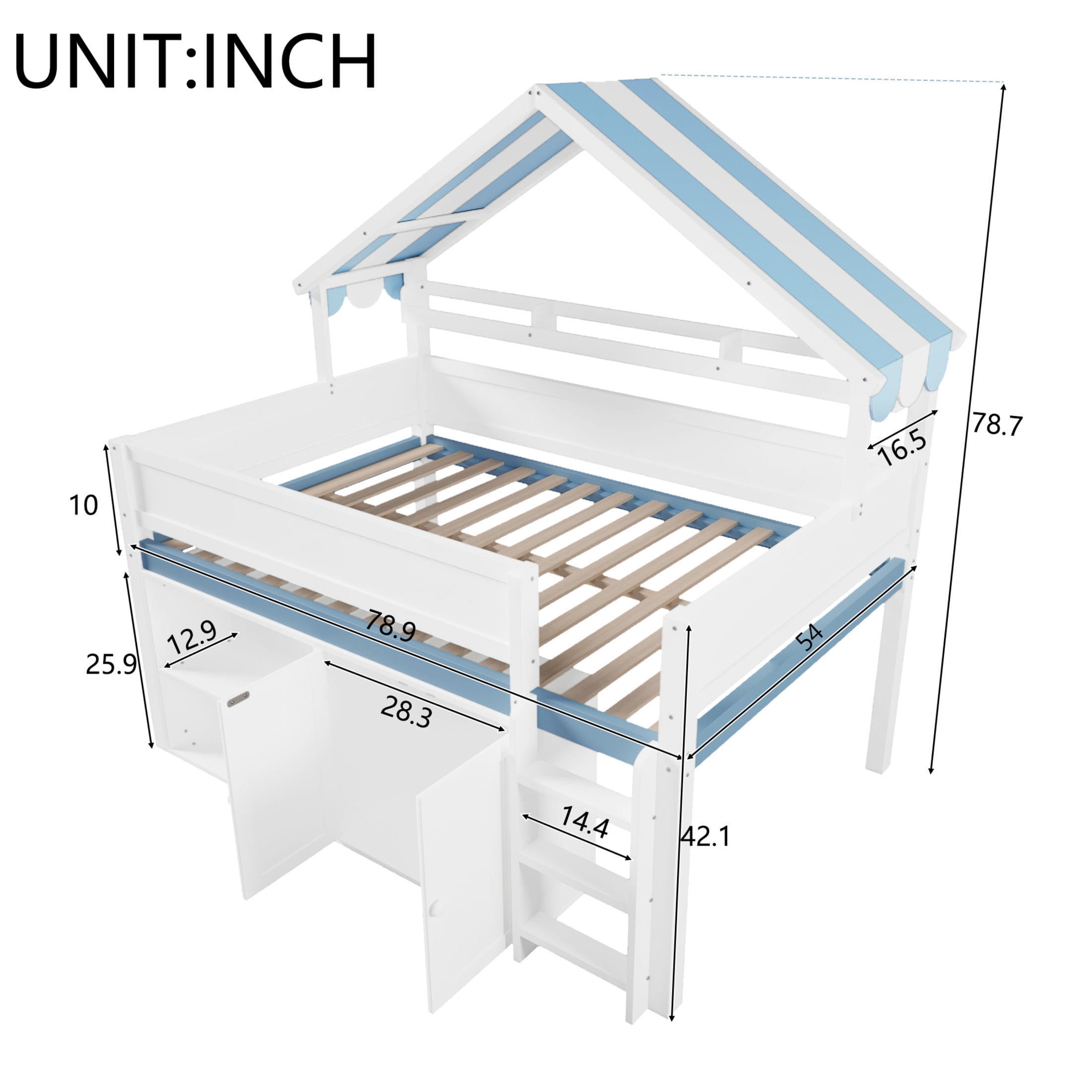 Noble House Devon Full Size Loft Bed, Playhouse Canopy Roof with Storage Cabinet and Shelves, White and Blue