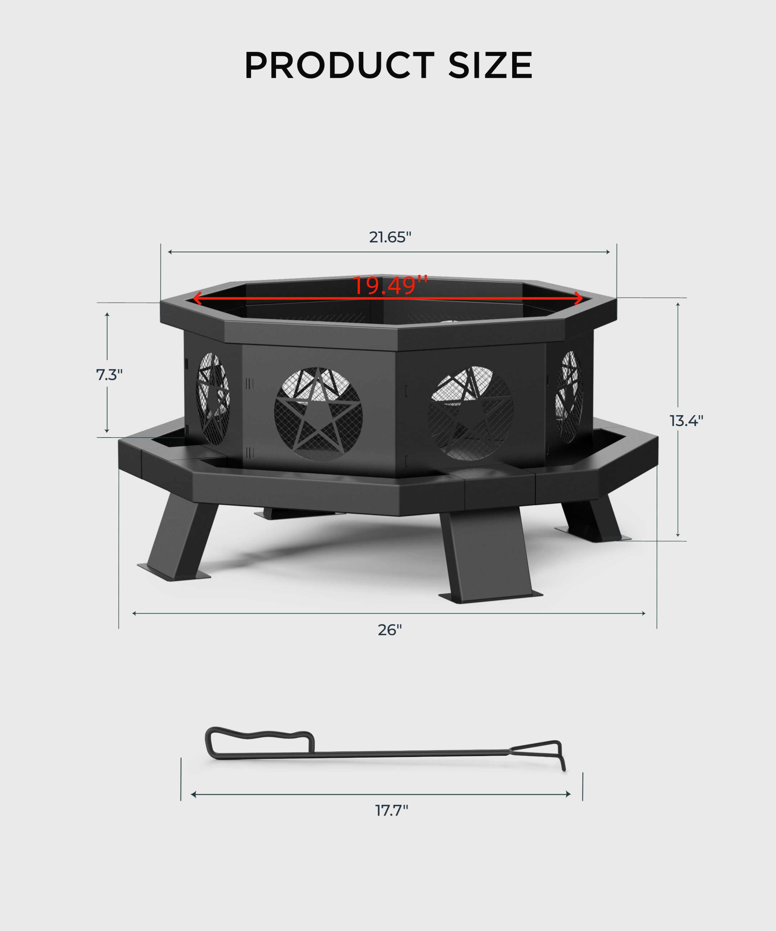 TVOFEK 26 inch Octagon Fire Pit with Poker, Wood Burning Firepits, Outdoor Fire Barrell for Bonfire, Backyard, Patio, Picnic, Camping, Black