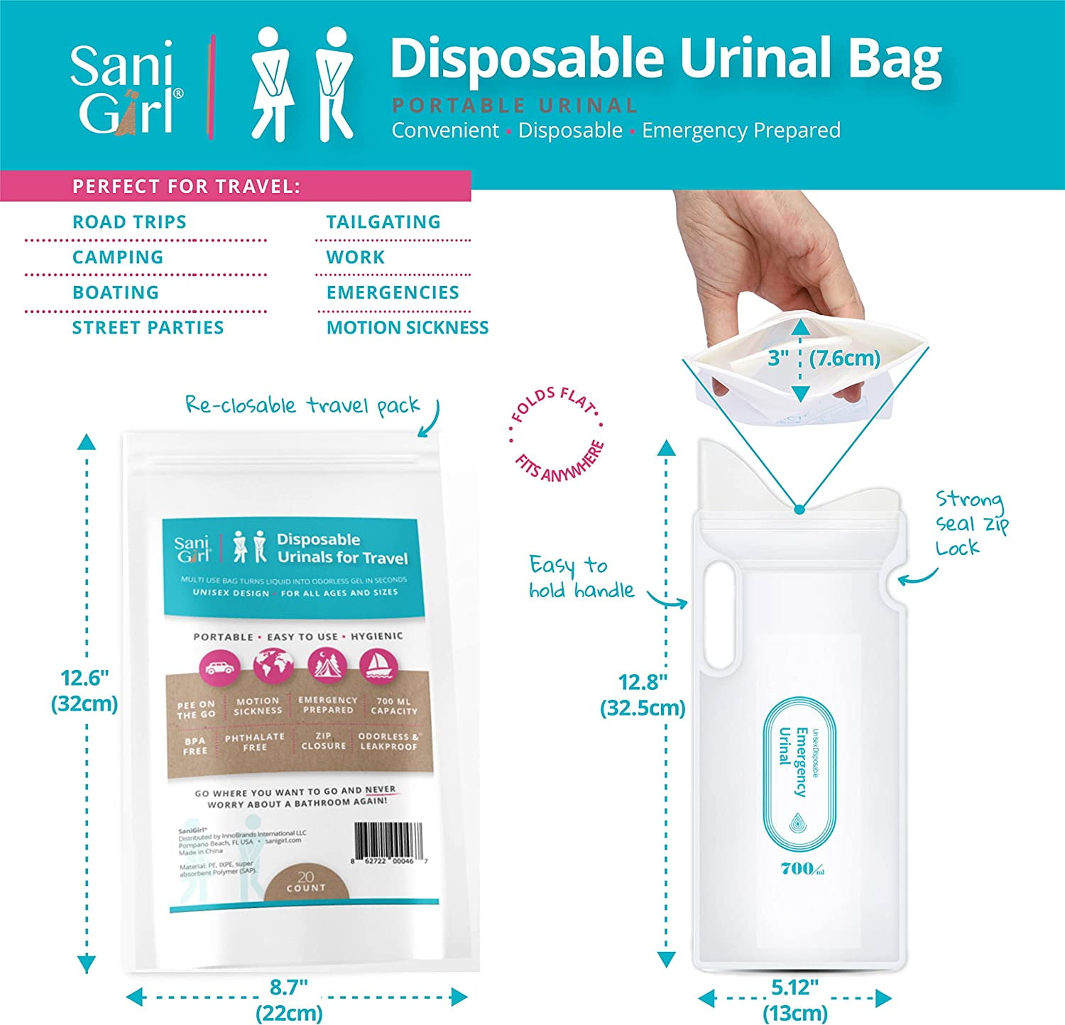 SaniGirl Disposable Urinals for Travel for Women Men Kids | Leakproof Pee Bags | Portable Urinals Camping | Road Trips Boating (Pack of 20)
