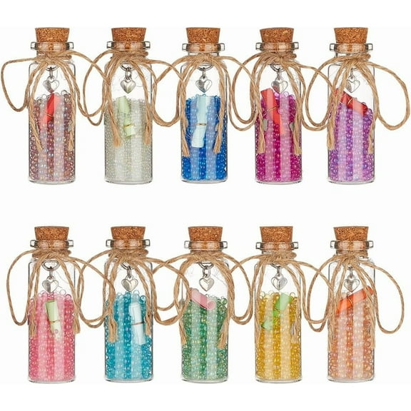 10Pcs Glass Bottle Ornaments Cork Glass Wishing Bottles with Colorful Glass Beads Writable Paper Alloy Heart Pendant Glass Jar Hanging Ornaments Set for Art Crafts Party Supplies Colorful