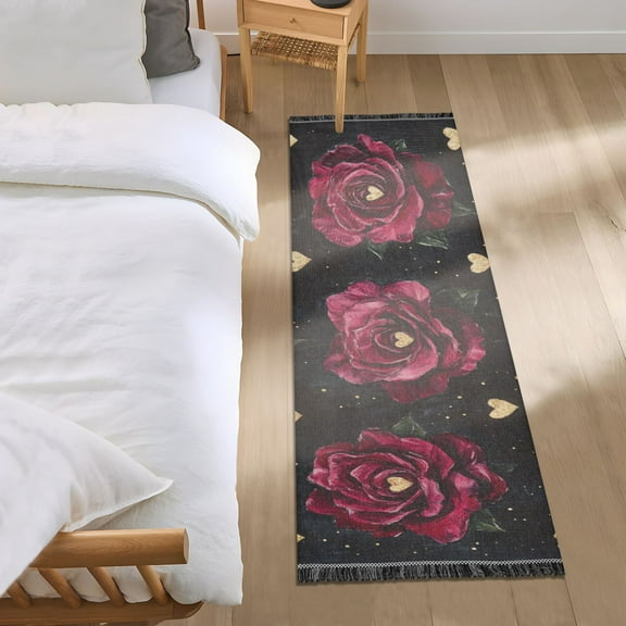 Dark Red Rose Bedroom Runner Rug 2'x 6' Non Slip Carpet Indoor Home Area Rug Living Room
