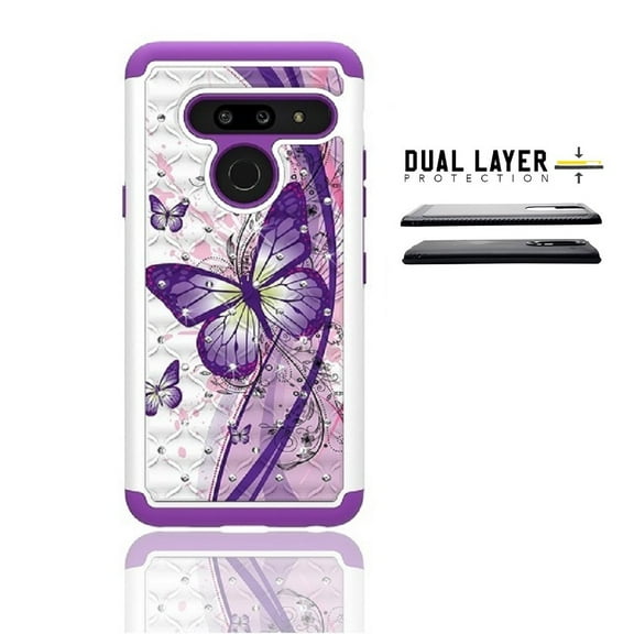 LG G8 ThinQ Case, Phone Case for LG G8 , Studded Rhinestone Crystal Bling  Cover Case (White-Purple Butterfly)