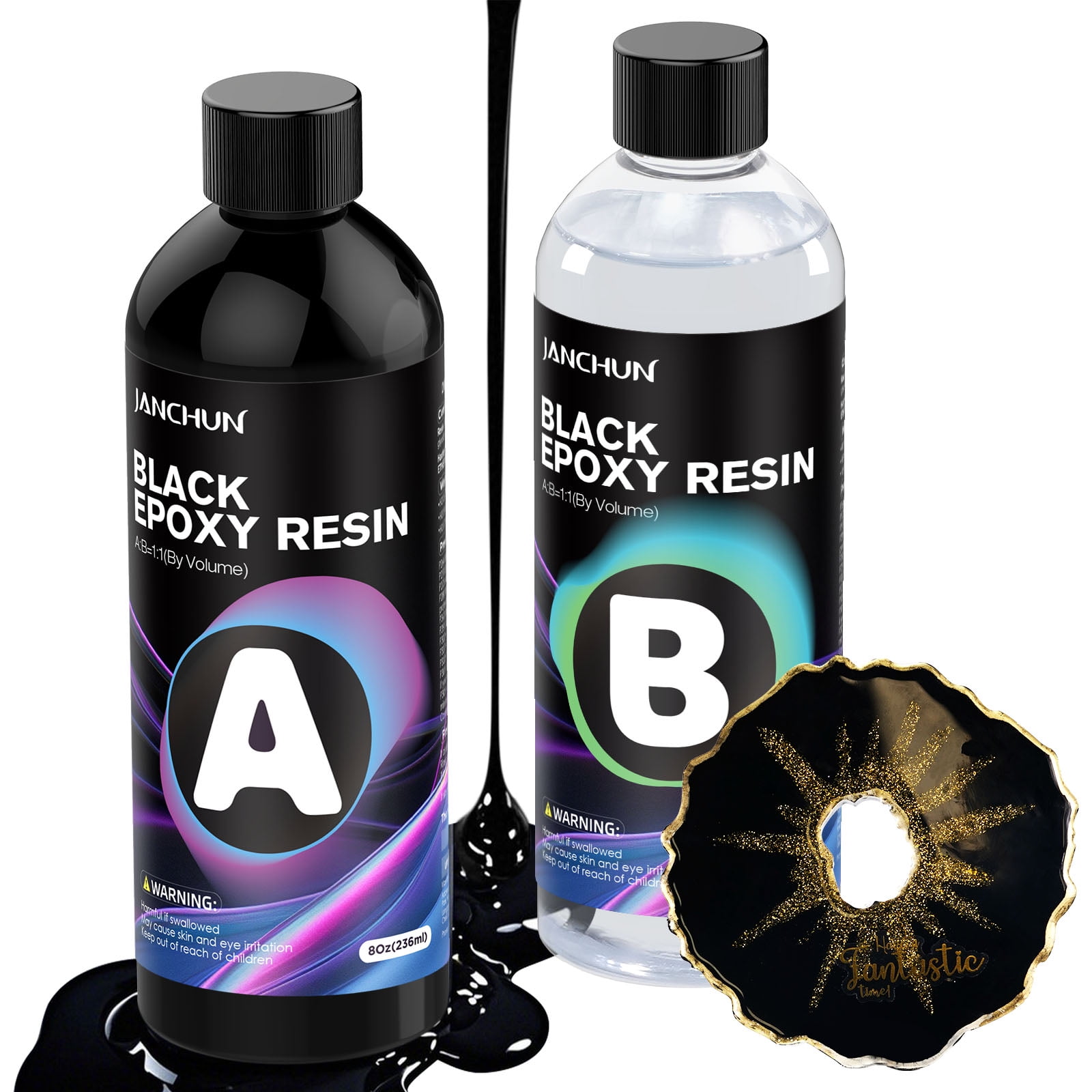 JANCHUN Pure Black Epoxy Resin Kit 16 Oz, Bubble-Free, Anti-Yellowing, Self Leveling Pour Resin Epoxy, Easy Mix 1:1 Coating and Casting Resin for Table Top, Molds, Art and Painting Resin