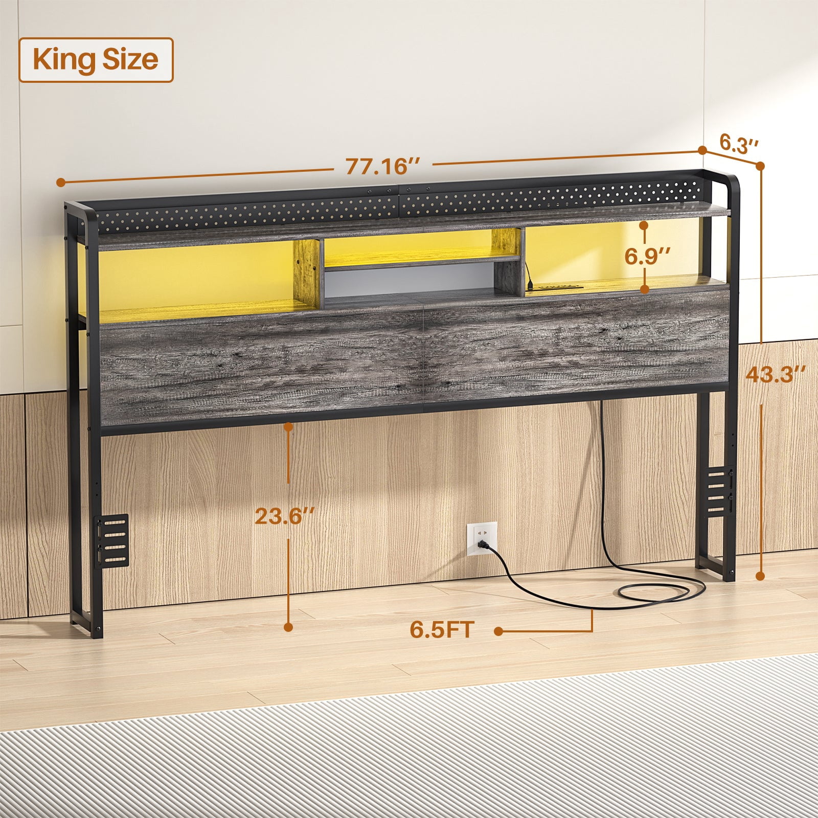 iSunirm King Headboard Only, Headboard for King Size Bed with Outlets and Storage, Bookcase Headboard with LED Lights, Height Adjustable, Sturdy and Easy Assembly, BLack Oak