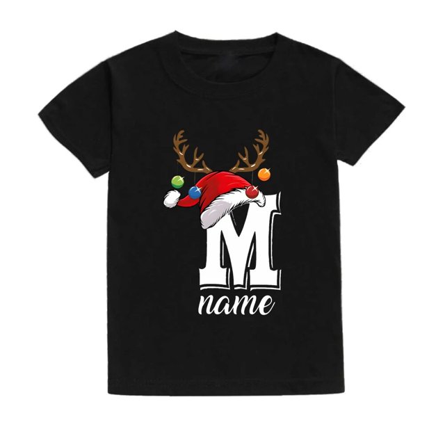 Camiseta personalizada de Navidad para niños, inicial con nombre, ropa para niños, Tops, trajes de fiesta de Navidad para niños y niñas, camiseta de vacaciones para niños