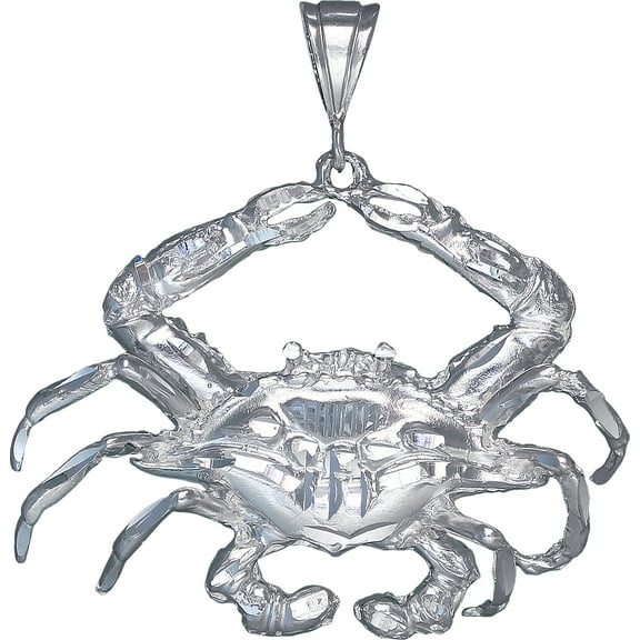 Huge Heavy Sterling Silver Crab Pendant Necklace 2.6 Inches 26 Grams with Diamond Cut Finish and 24 Inch Figaro Chain