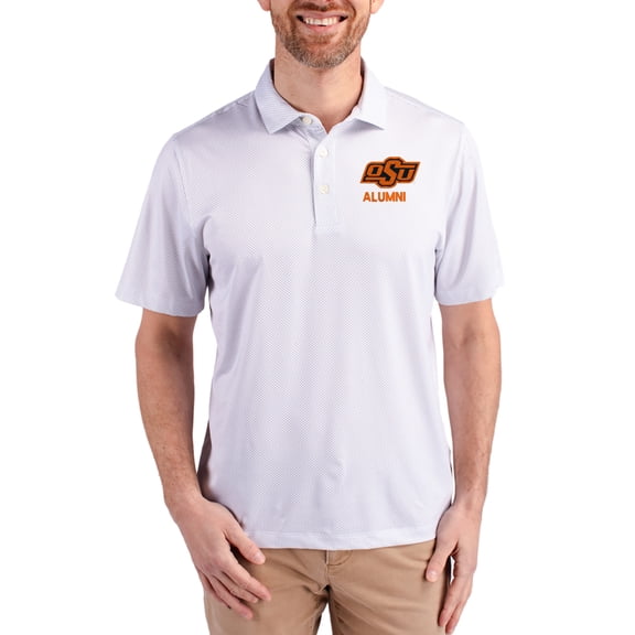 Men's Cutter & Buck White Oklahoma State Cowboys Alumni Pike Eco Symmetry Print Stretch Recycled Polo