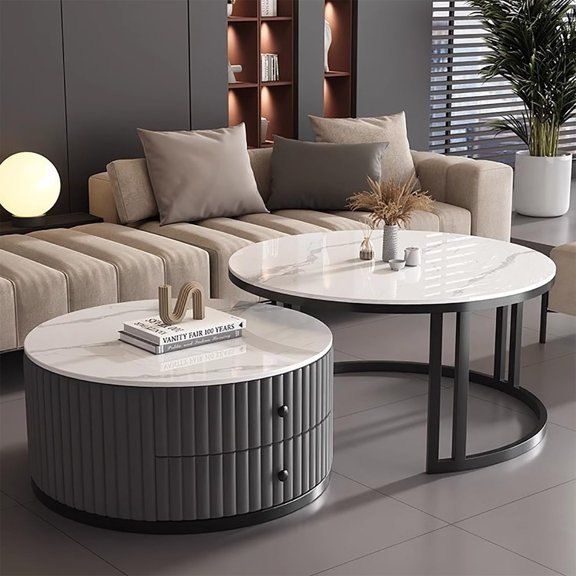 Black Coffee Table Round Set of 2 Nesting Coffee Table for Living Room Circle Coffee Table with Storage Drawer Mid Century Modern Coffee Table with Marble Desktop Large Round Coffee Table