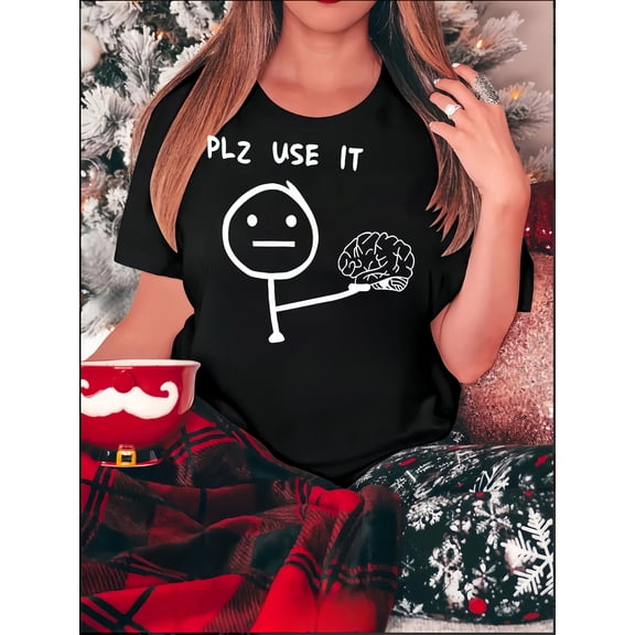 Stickman Gives the Brain Pattern Print Women's Fashion Trend Short Sleeve, Simple Casual Sports T-Shirt, Comfortable Summer Top for Holidays