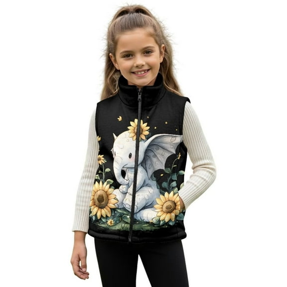 Uorisanigo Unisex Boys Girls Fleece Jacket Vest Puffy Warm Kids Sunflower Elephant Vest Full Zipper Sleeveless Jacket for Fall Winter Spring, Soft Cozy Outwear Waistcoat 2-12 Years
