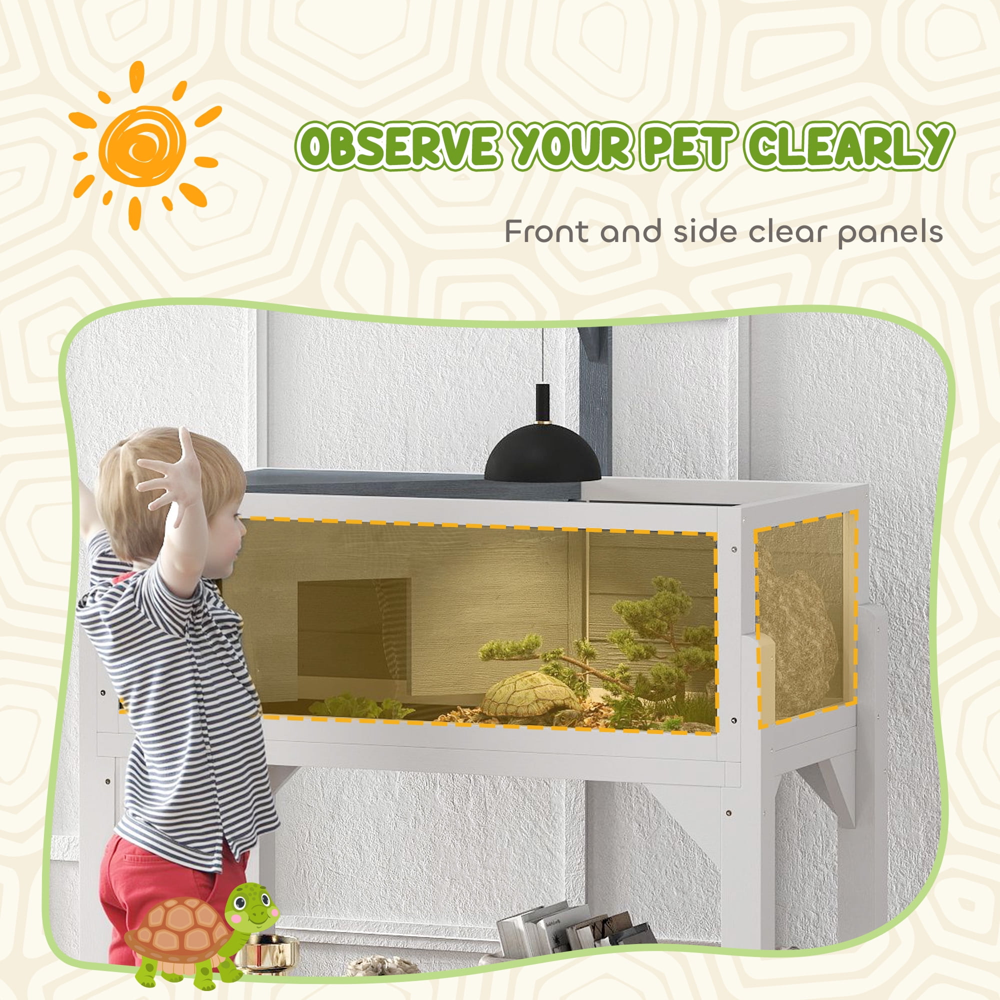 Tortoise House & Turtle Cage Enclosure with Basking Area, 2-Room Habitat with Viewing Windows, Lamp Holder, Easy Clean Tray & Storage Shelf, 33.3"L Fir Wood Terrarium