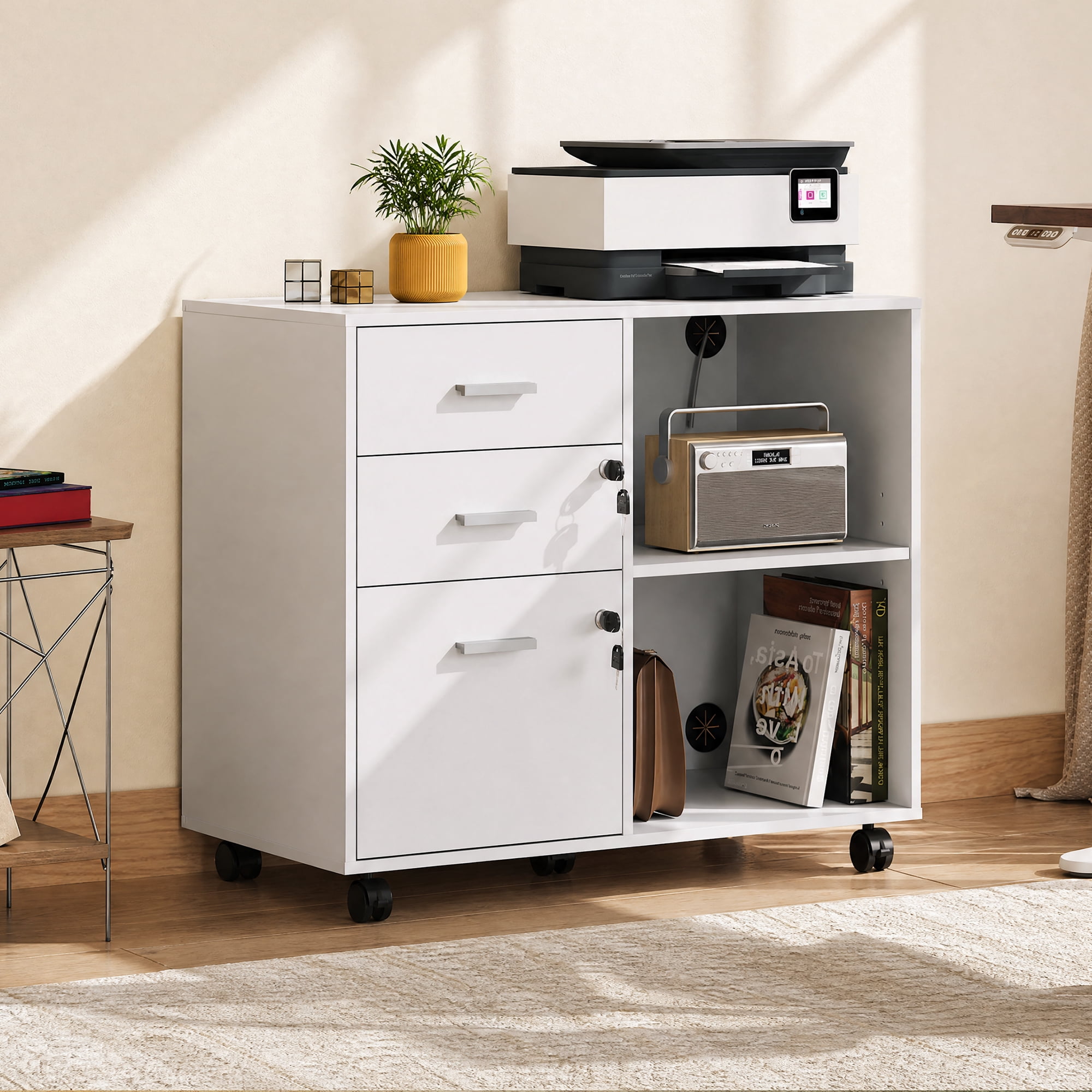GALAXHERO 3-Drawer File Cabinet with Lock and Key, Mobile Wood Lateral Filing Cabinet & Printer Stand with Open Shelves for Home Office, White