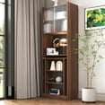 thumbnail image 3 of Folding Desk with Storage, Fold Out Desk Space-Saving Workstation, Wall Mounted & Foldable Design for Home Office, Bedroom, Dorm, Includes Shelves, Pegboard & Sliding Glass Doors, Walnut, 3 of 9