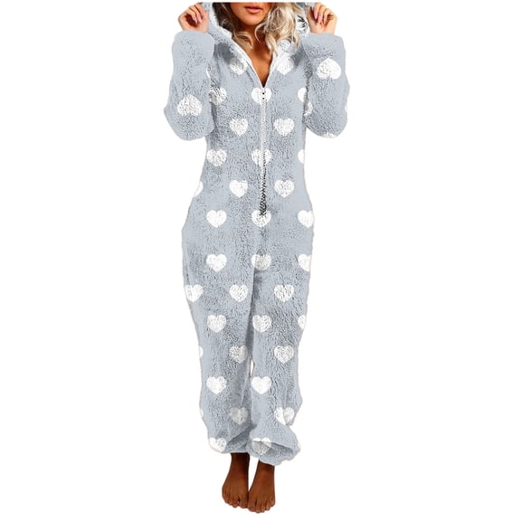 Perfectbot Women's Sherpa Fuzzy Pajamas Jumpsuit - Zip Up Heart Print Loungewear Warm Winter Sleepwear