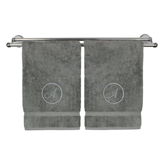Monogrammed Hand Towel, Personalized Gift, 16 x 30 Inches - Black Letter Embroidered with Circle Design on Gray Towel - Extra Absorbent - 100% Turkish Cotton - Soft Terry Finish - Initial A