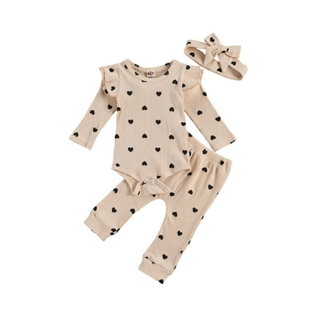 

Bagilaanoe 3pcs Newborn Baby Girl Boy Long Pants Set Heart Print Long Sleeve Romper Tops + Trousers + Hairband 6M 12M 18M 24M Infant Casual Ribbed Outfits