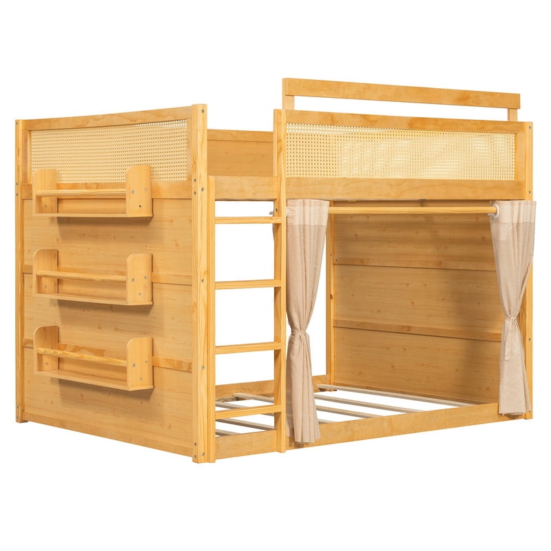 Full-Over-Full Bunk Bed with Bedside 3-Tier Storage Bookshelf, Teens/Kids Rattan Guardrail Bed Frame with Curtain & Light