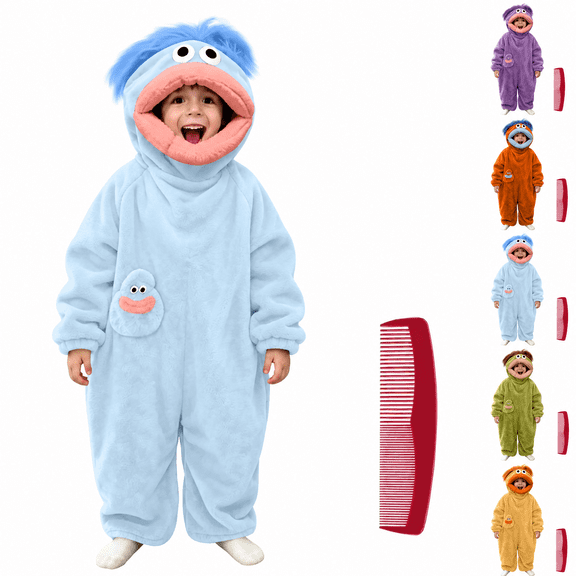 Funny Big Mouth Monster One-Piece Pajamas with 1 Comb, Oversized Fleece One Piece Pajamas for Women & Men, Halloween Costume Long Sleeves Soft Plush Loungewear,Blue S