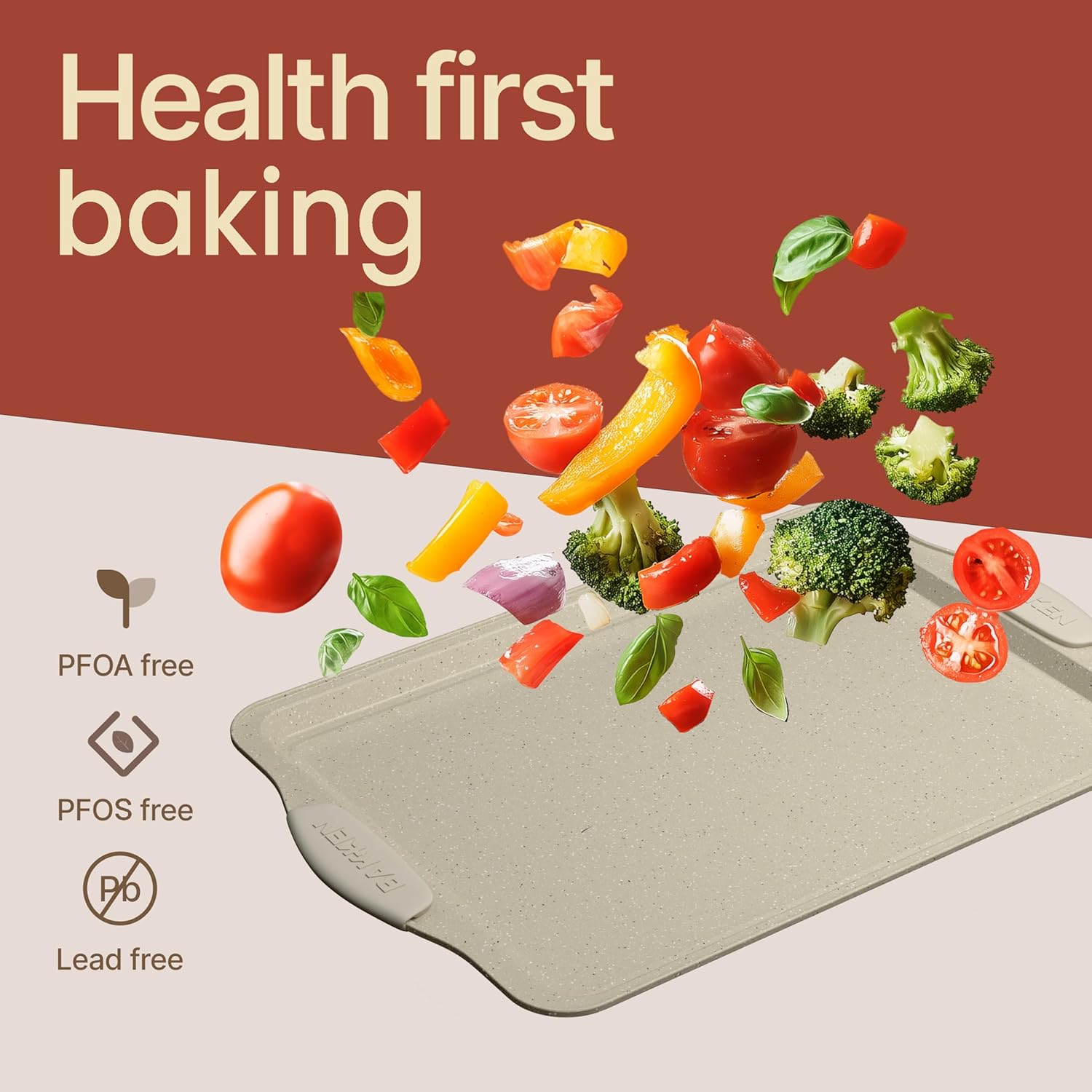 BAKKEN Kitchen Baking Pans – Medium (15.15" × 10.03") & Large (17.1" × 11.8") Nonstick Cookie Sheets, Carbon Steel with White Silicone Handles, Oven Safe Up to 450°F, 2-Piece Set