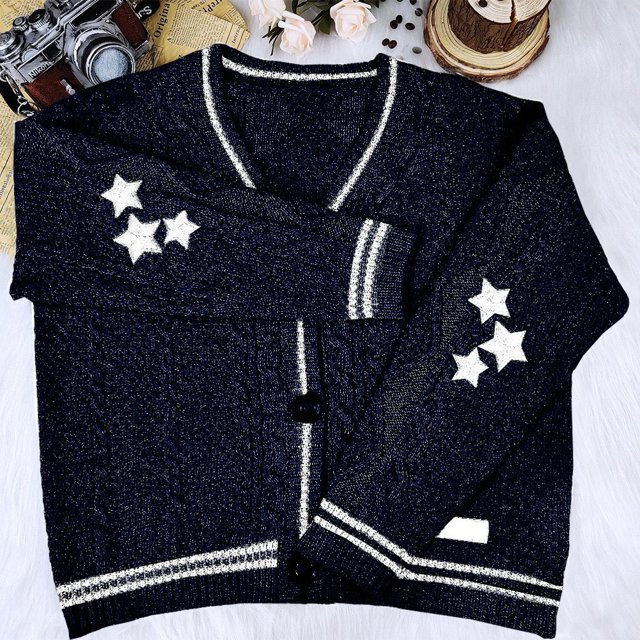 Women Autumn Winter Fashion Star Print Knitted Boxy Cardigan Oversize Sweater
