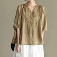 thumbnail image 2 of Dazajoo Women's Embroidered Boho Peasant Gauze Tunic Blouses Bohemian Loose Fit Floral Shirt 2025 Ruffle Front Tops,Khaki,M, 2 of 5